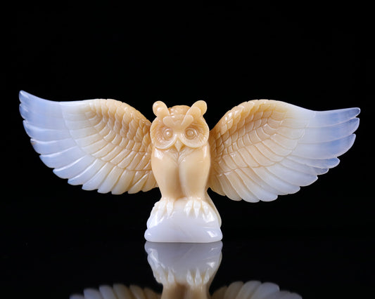 Nicedony 9.3" Blue Chalcedony Hand Carved Crystal Owl Sculpture