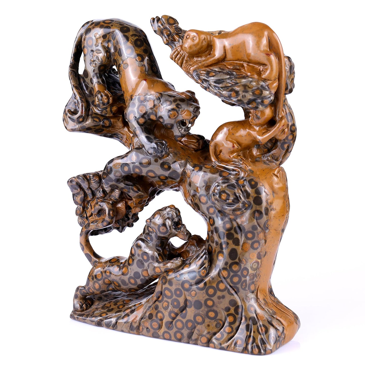 Nicedony 9.3" Leopard Skin Jasper Hand Carved Leopards & Monkeys - View 7