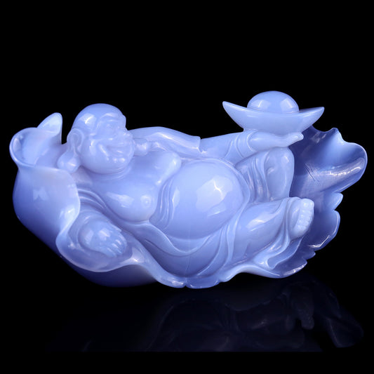Nicedony Gemstone 8.7" Blue Chalcedony Hand Carved Crystal Buddha Sculpture