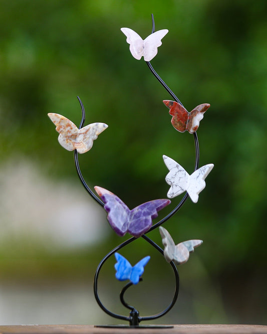 Nicedony Natural Crystal Colorful Butterfly with Black Metal Stand