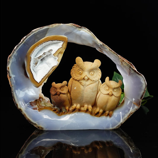 Nicedony 9.5" Blue Chalcedony Hand Carved Owl Family