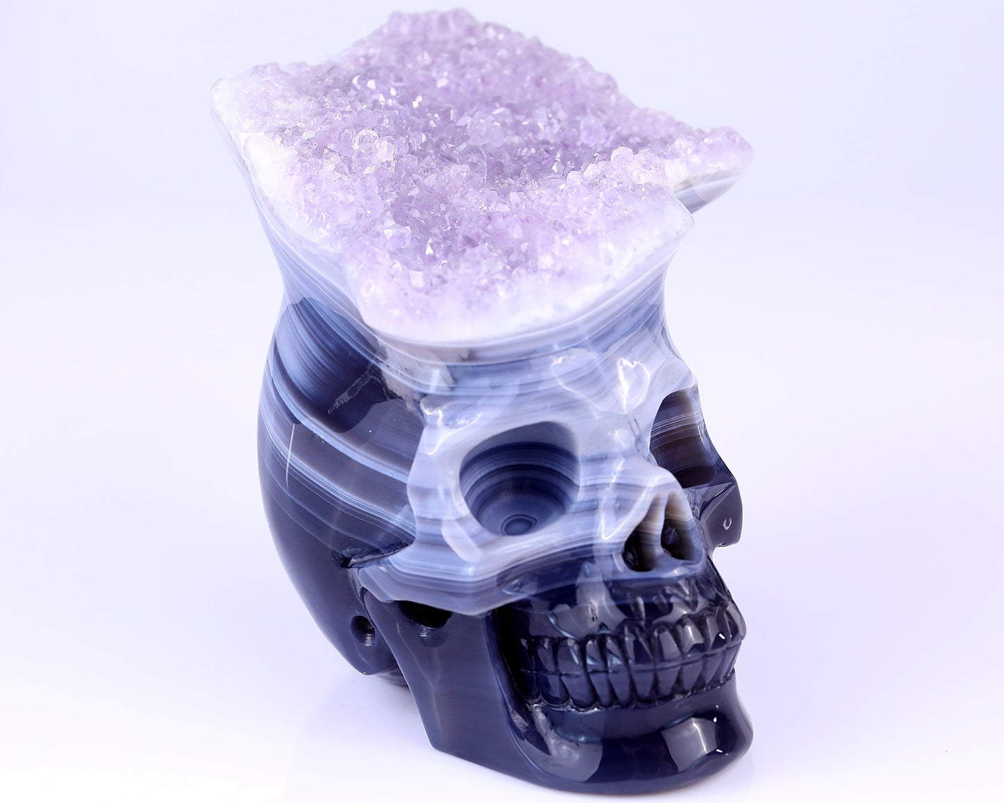 Nicedony Unique 6.3" Amethyst Druse Agate Hand Carved Crystal Mineral Specimen Skull Sculpture - View 8