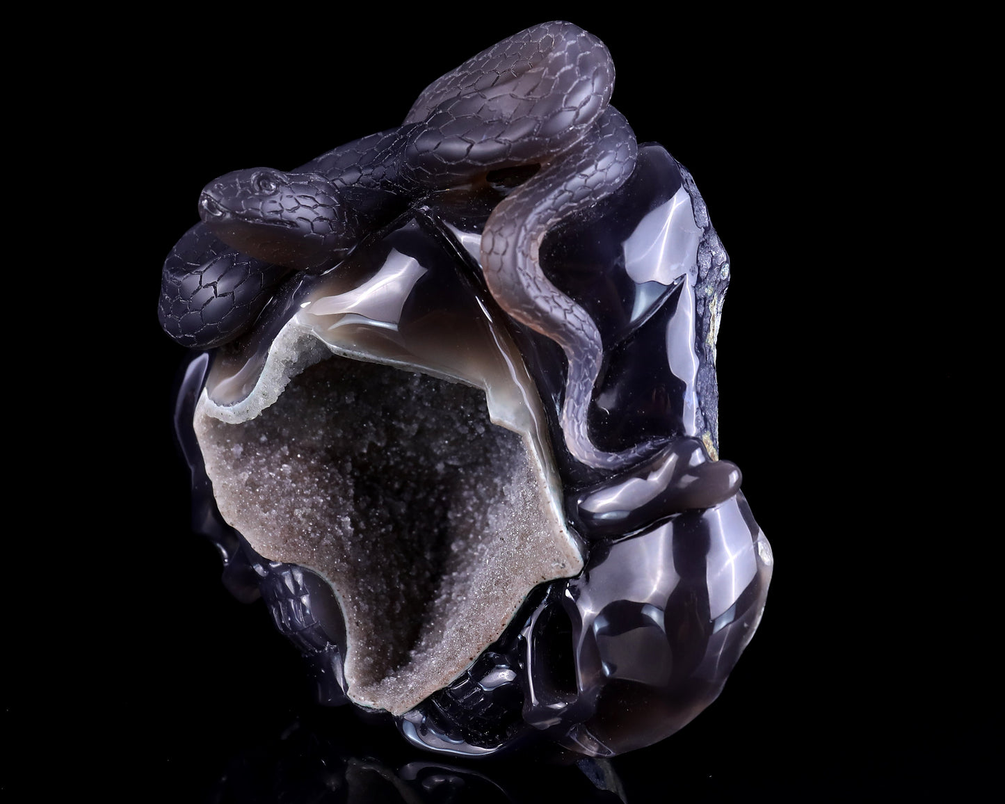 Nicedony Unique 7.1" Geode Agate Hand Carved Crystal Realistic Skull and Snake Sculpture - View 7