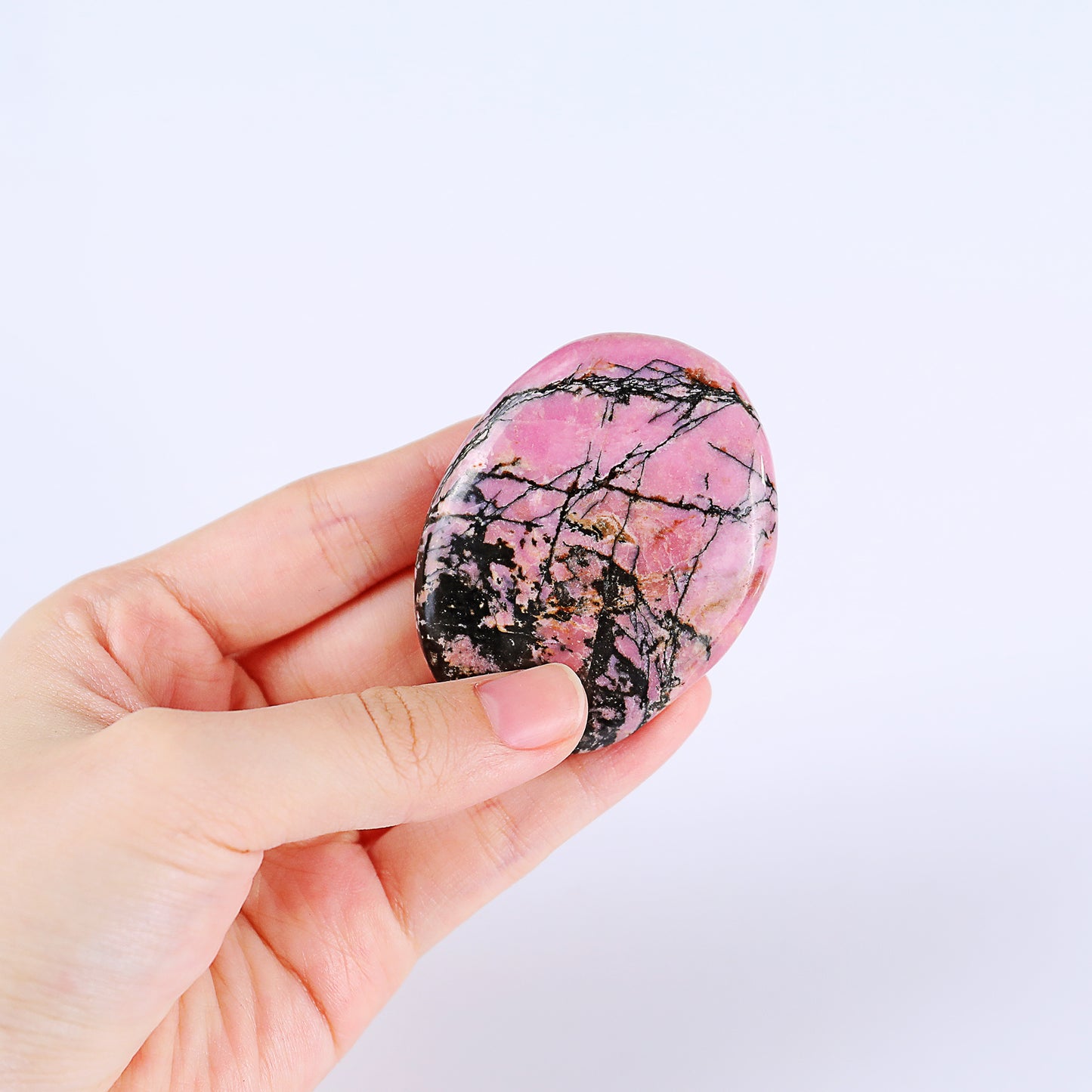 Natural Rhodonite Hand Carved Crystal Polished Palm Stone