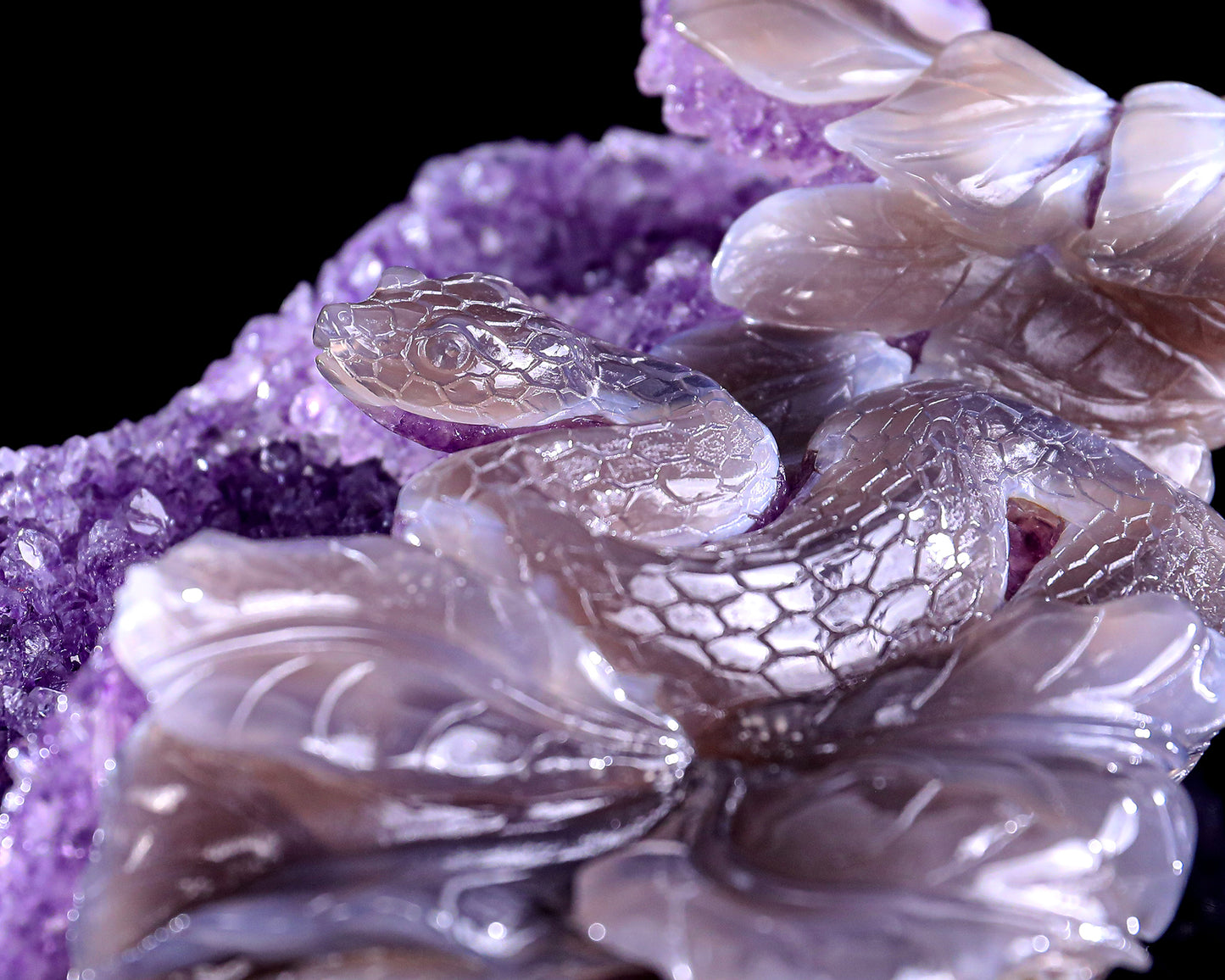 10.3" Amethyst Druse Agate Hand Carved Crystal Snake Sculpture