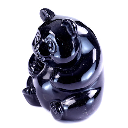 2.9" Black Obsidian Hand Carved Crystal Panda Sculpture Crystallumi