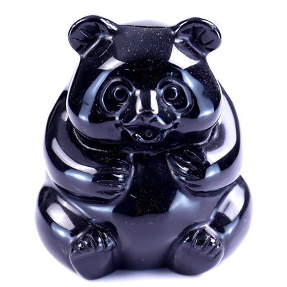 2.9" Black Obsidian Hand Carved Crystal Panda Sculpture Crystallumi