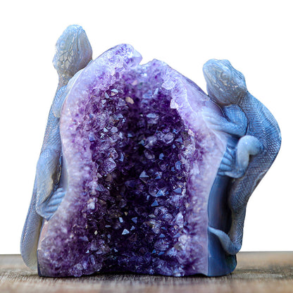 5.0" Amethyst Cluster Geode Double Lizard Carving Sculpture piece 2100005 hand carved natural gemstone sculpture by Nicedony