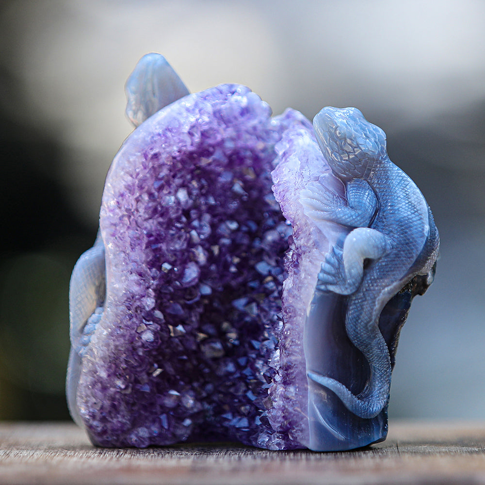 5.0" Amethyst Cluster Geode Double Lizard Carving Sculpture piece 2100005 view 2