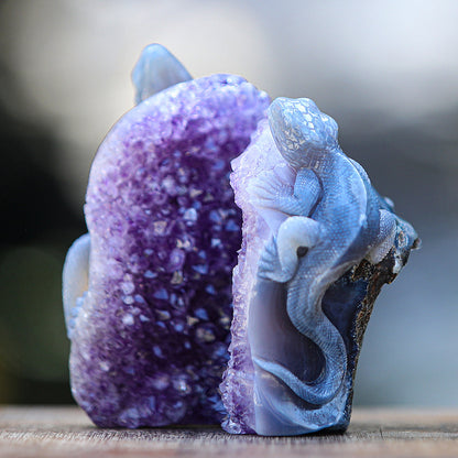 5.0" Amethyst Cluster Geode Double Lizard Carving Sculpture piece 2100005 view 3
