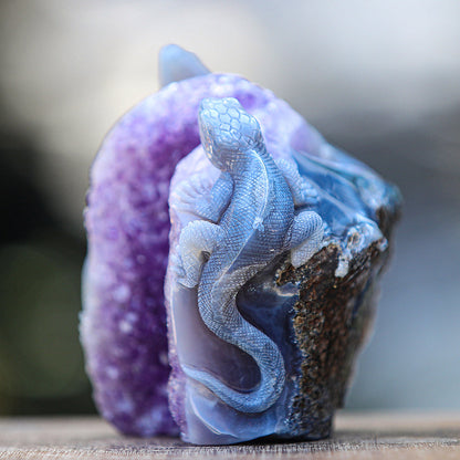 5.0" Amethyst Cluster Geode Double Lizard Carving Sculpture piece 2100005 view 4