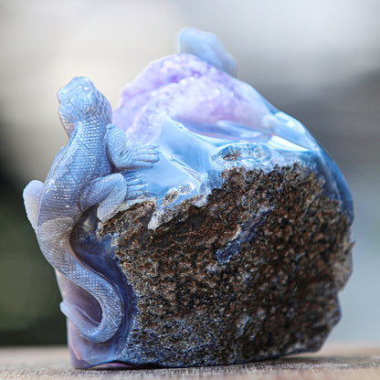 5.0" Amethyst Cluster Geode Double Lizard Carving Sculpture piece 2100005 view 5