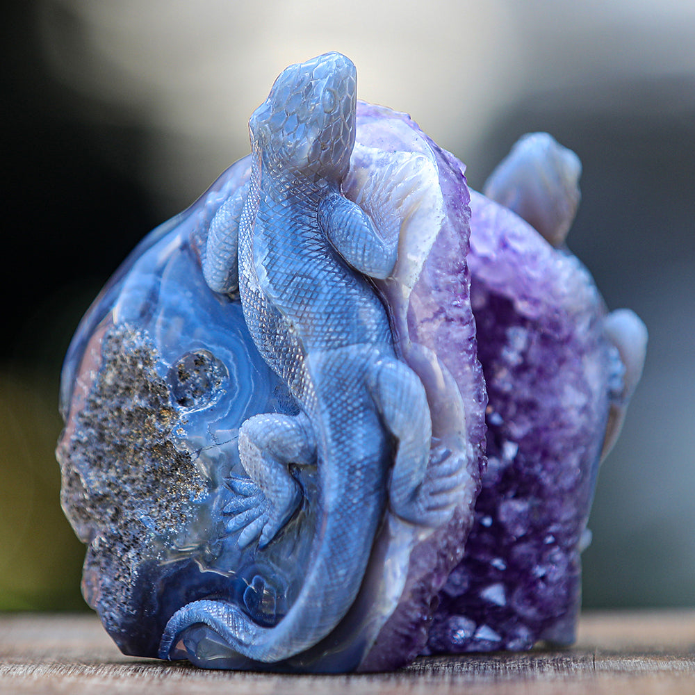 5.0" Amethyst Cluster Geode Double Lizard Carving Sculpture piece 2100005 view 8