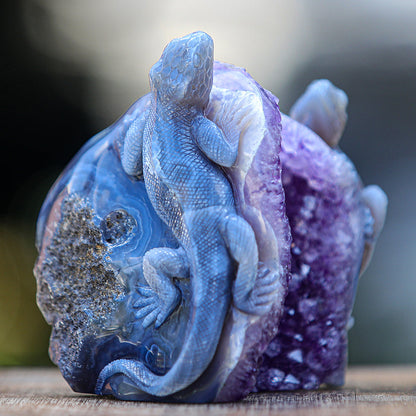 5.0" Amethyst Cluster Geode Double Lizard Carving Sculpture piece 2100005 view 8