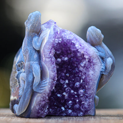 5.0" Amethyst Cluster Geode Double Lizard Carving Sculpture piece 2100005 view 9