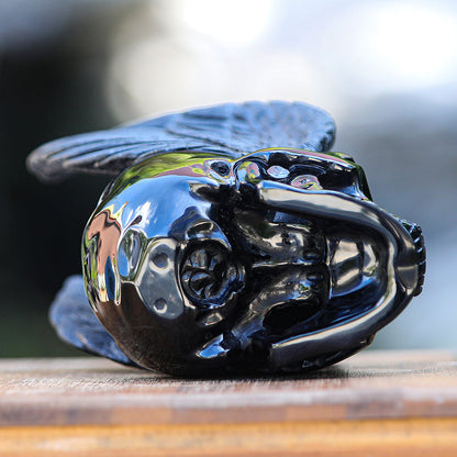 7.1" Obsidian Human Skull with Wings Carving Sculpture piece 2100039 view 10