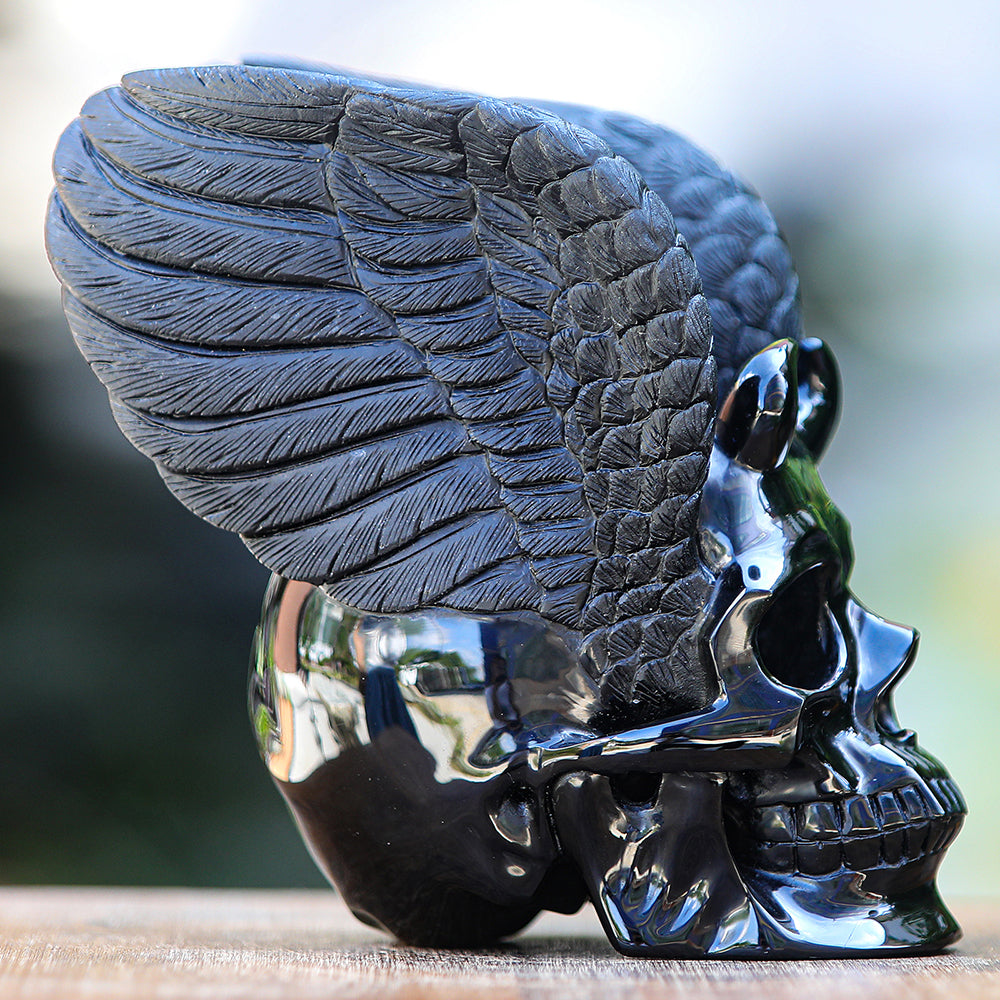 Nicedony 7.1" Obsidian Crystal Skull with Wings | Hand Carved Sculpture (SKU: 2100039) - Photo 2