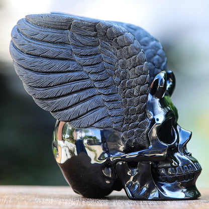 7.1" Obsidian Human Skull with Wings Carving Sculpture piece 2100039 view 2