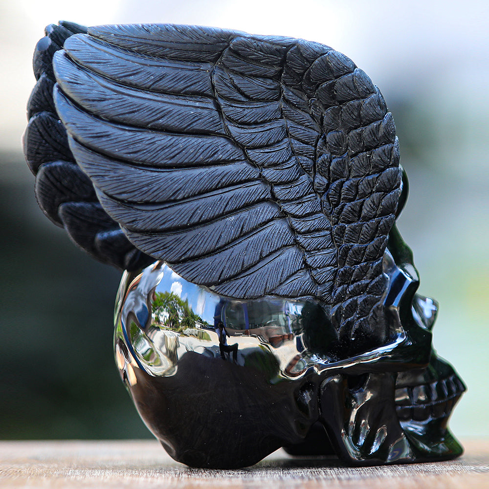 Nicedony 7.1" Obsidian Crystal Skull with Wings | Hand Carved Sculpture (SKU: 2100039) - Photo 3