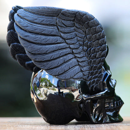 7.1" Obsidian Human Skull with Wings Carving Sculpture piece 2100039 view 3