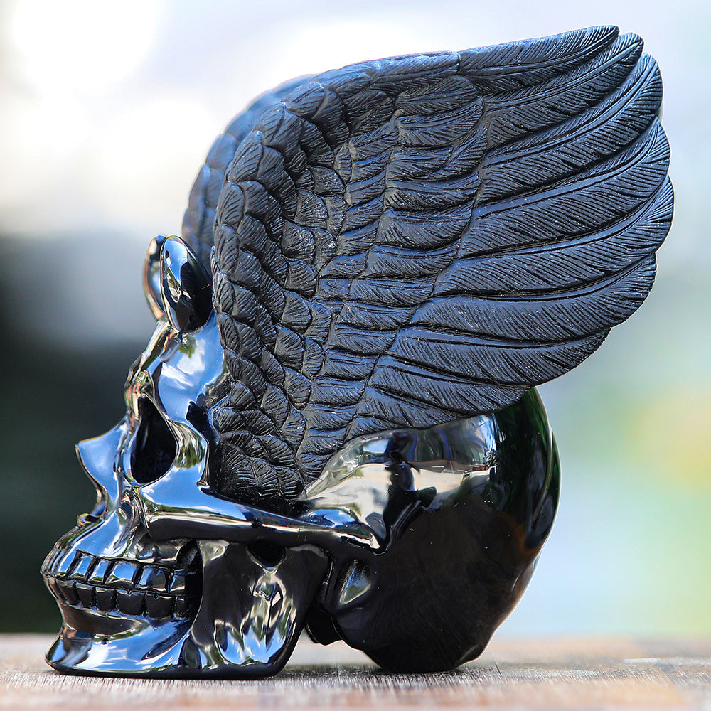Nicedony 7.1" Obsidian Crystal Skull with Wings | Hand Carved Sculpture (SKU: 2100039) - Photo 5