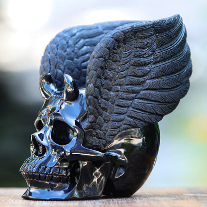 7.1" Obsidian Human Skull with Wings Carving Sculpture piece 2100039 view 6