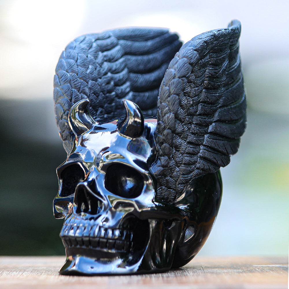 Nicedony 7.1" Obsidian Crystal Skull with Wings | Hand Carved Sculpture (SKU: 2100039) - Photo 7