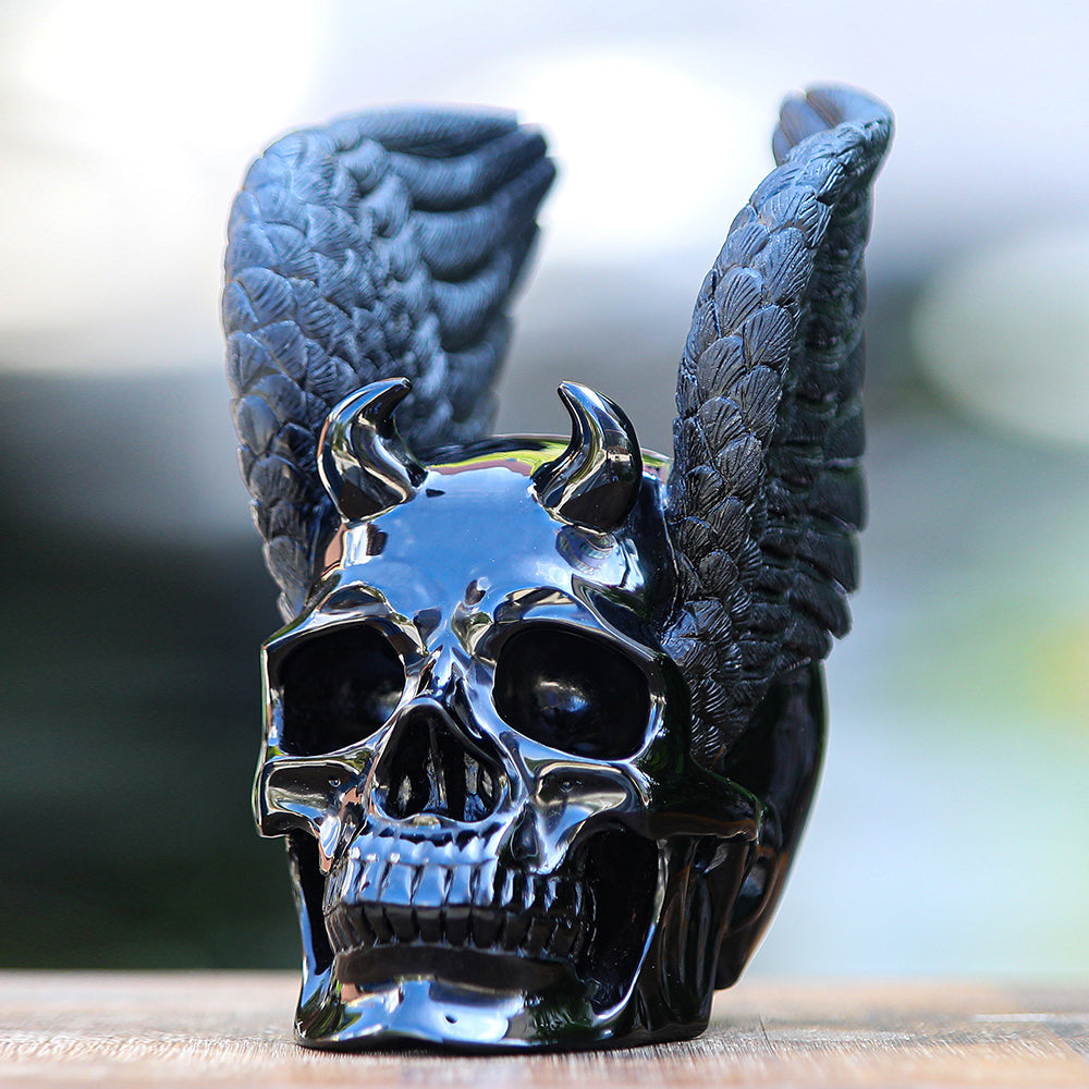7.1" Obsidian Human Skull with Wings Carving Sculpture piece 2100039 view 8