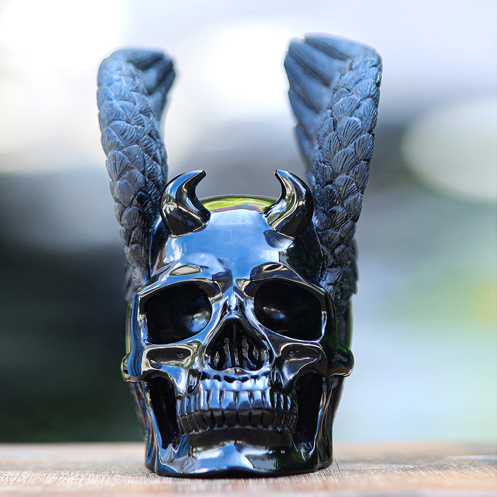 Nicedony 7.1" Obsidian Crystal Skull with Wings | Hand Carved Sculpture (SKU: 2100039) - Photo 9