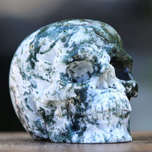 Nicedony 5.4" Moss Agate Human Skull Carving Sculpture (SKU: 2100174) - Photo 3
