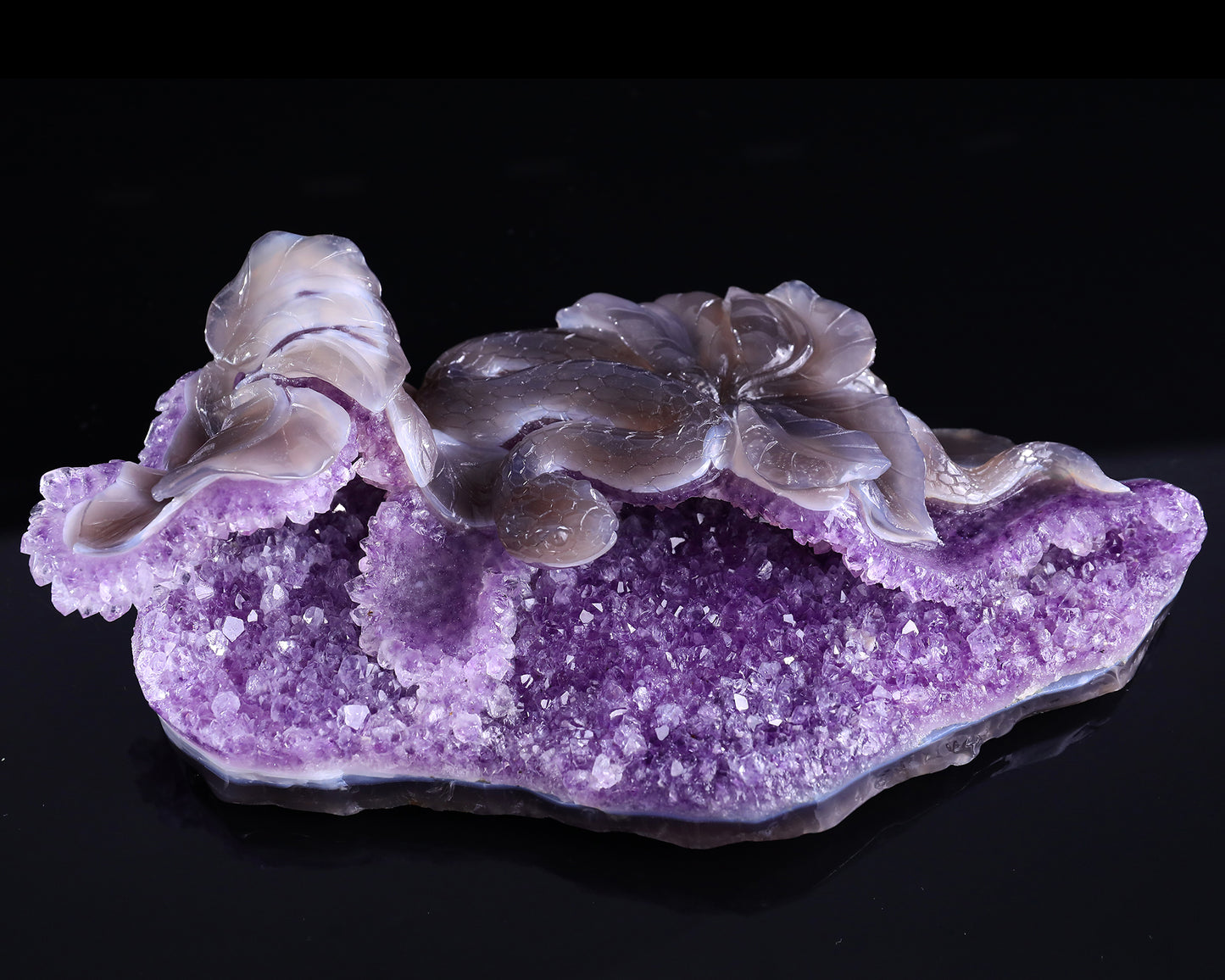 10.3" Amethyst Druse Agate Hand Carved Crystal Snake Sculpture