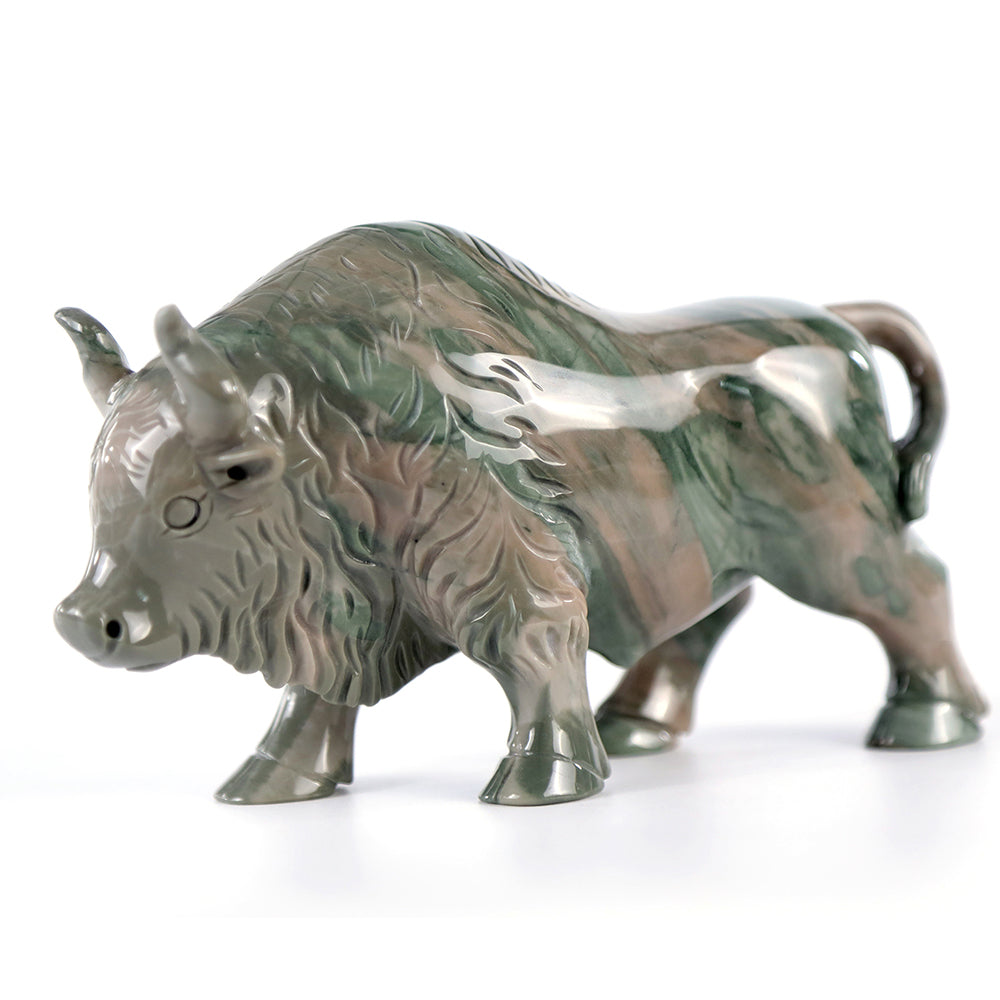6.3" Kowloon Jade Bull Carving Sculpture piece 3100006 hand carved natural gemstone sculpture by Nicedony