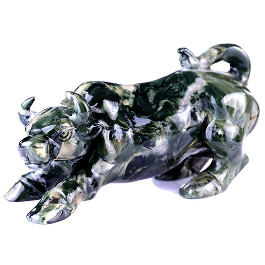 5.7" Kowloon Jade Bull Carving Sculpture piece 3100096 hand carved natural gemstone sculpture by Nicedony