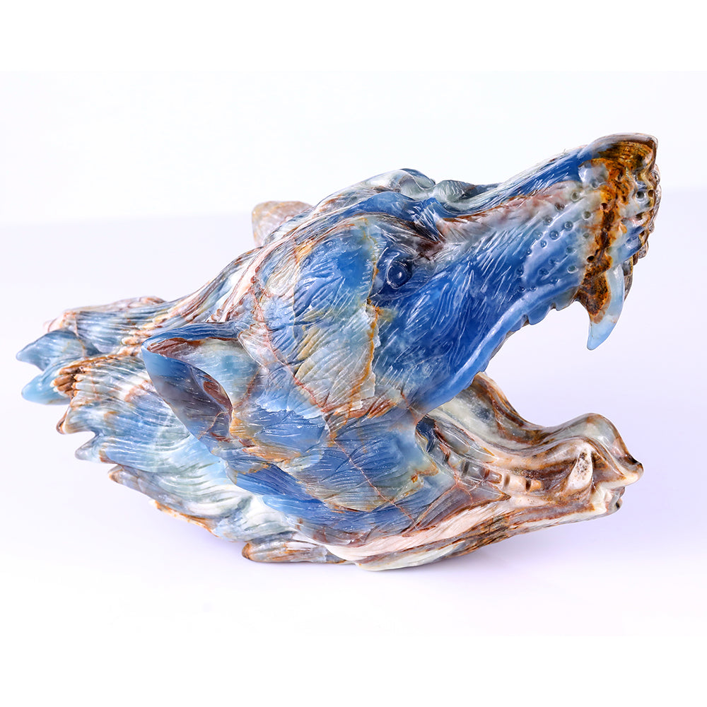 9.8" Blue Angelite Wolf Head Carving Sculpture piece 3100113 hand carved natural gemstone sculpture by Nicedony