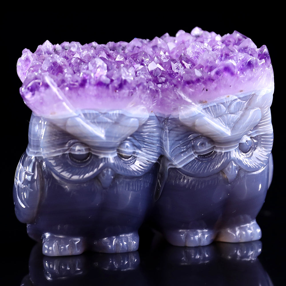 3.0" Amethyst Cluster Double Owl Carving Sculpture piece 3100141 view 2