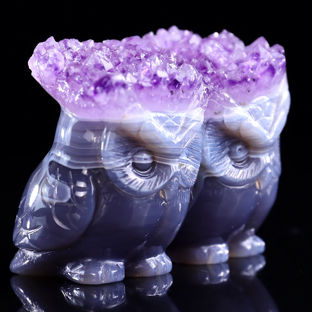 3.0" Amethyst Cluster Double Owl Carving Sculpture piece 3100141 view 3