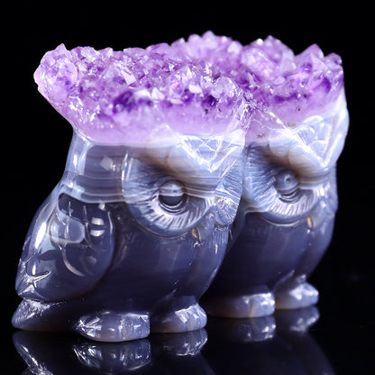 3.0" Amethyst Cluster Double Owl Carving Sculpture piece 3100141 view 3