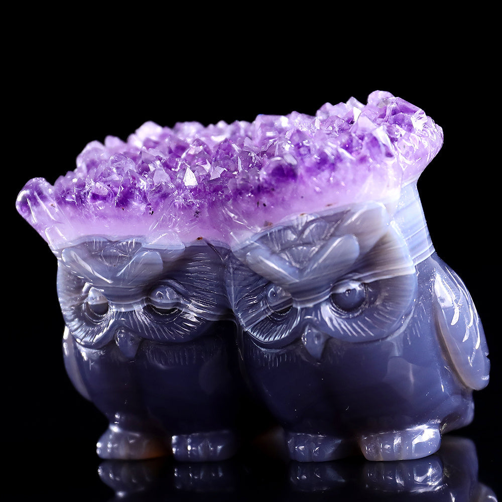 3.0" Amethyst Cluster Double Owl Carving Sculpture piece 3100141 view 7