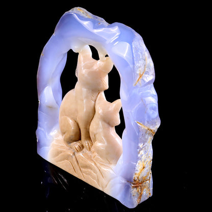 5.8" Blue Chalcedony Mother and Baby Fox Carving Sculpture piece 3100143 view 4