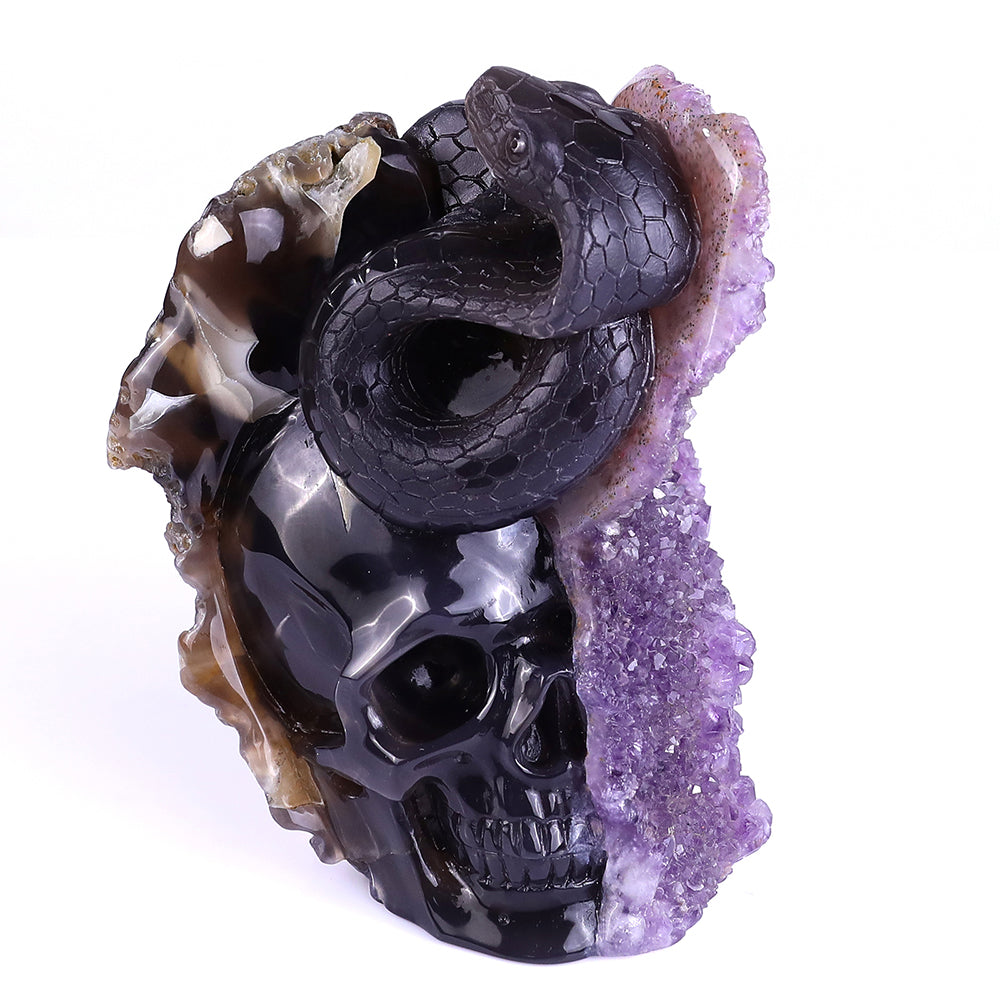 5.0" Amethyst Cluster Human Skull with Snake Carving Sculpture piece 3100161 hand carved natural gemstone sculpture by Nicedony