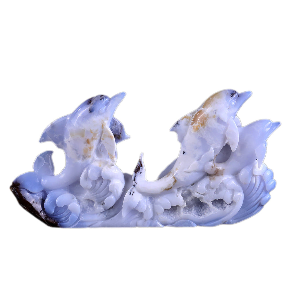 11.0" Blue Chalcedony Geode Dolphins Carving Sculpture piece 3100201 hand carved natural gemstone sculpture by Nicedony