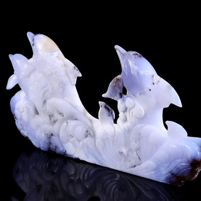 11.0" Blue Chalcedony Geode Dolphins Carving Sculpture piece 3100201 view 4