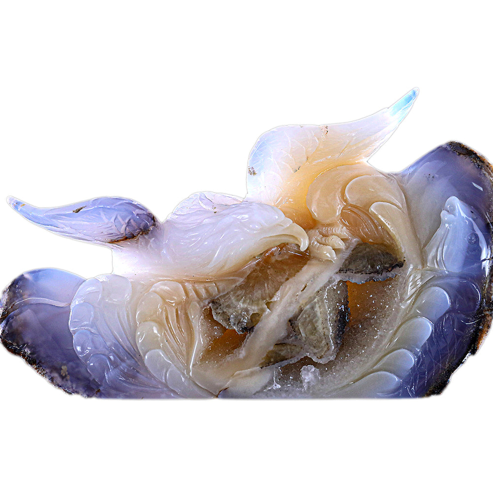 7.5" Geode Blue Chalcedony Ocean Wave and Catching Fish Eagle Carving Sculpture piece 3100212 hand carved natural gemstone sculpture by Nicedony