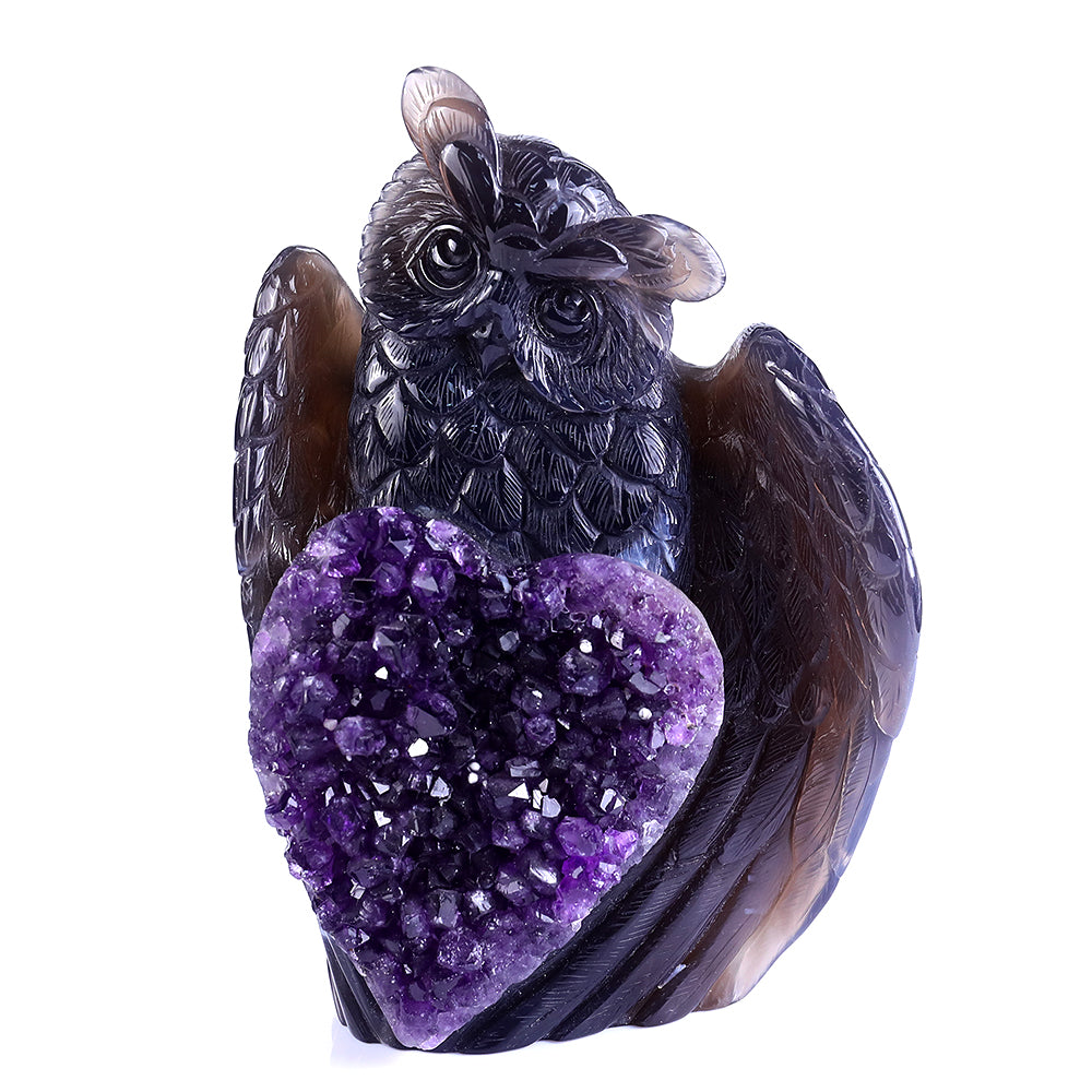 5.5" Amethyst Cluster Owl Carving Sculpture piece 3100236 hand carved natural gemstone sculpture by Nicedony