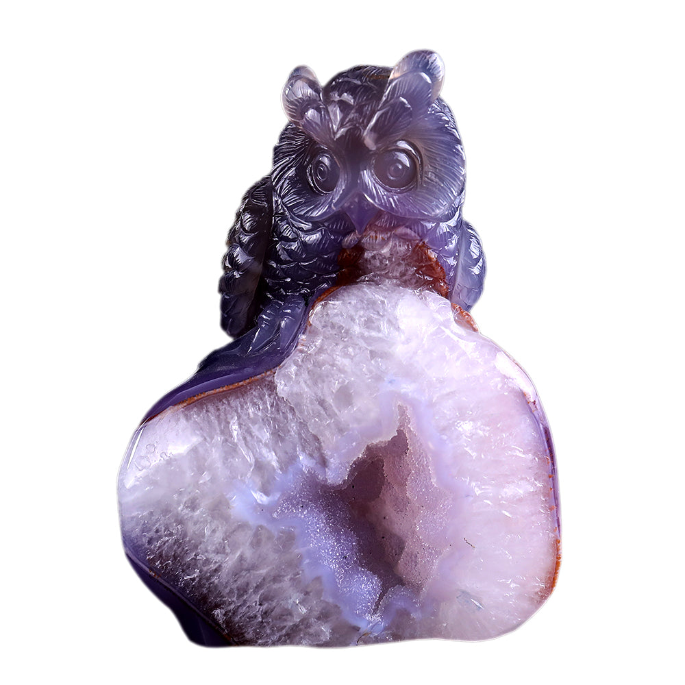 4.3" Geode Agate Owl Carving Sculpture piece 3100239 hand carved natural gemstone sculpture by Nicedony
