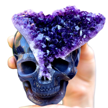 4.8" Amethyst Cluster Human Skull Carving Sculpture piece 3100255 hand carved natural gemstone sculpture by Nicedony