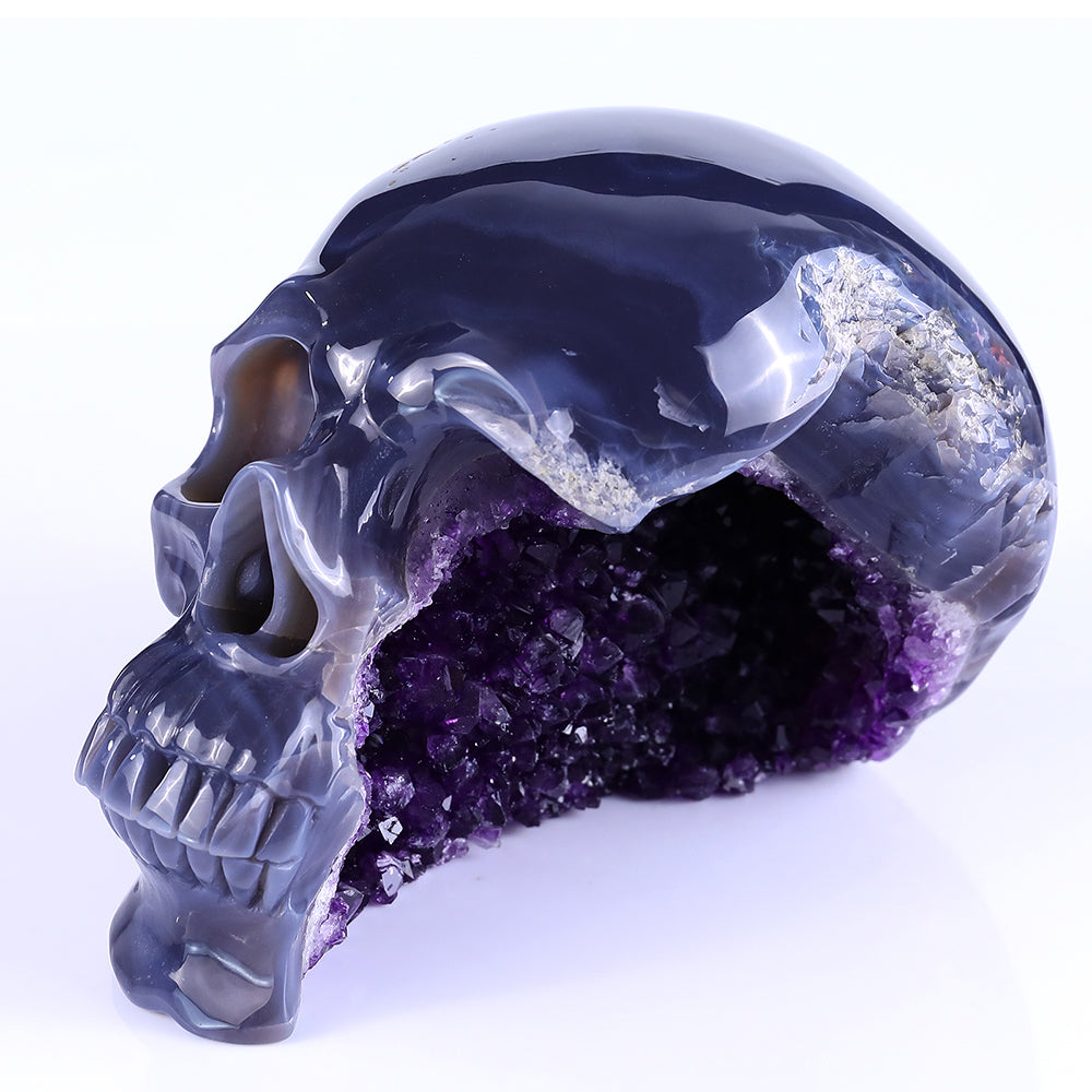 7.5" Amethyst Geode Human Skull Carving Sculpture piece 3100257 hand carved natural gemstone sculpture by Nicedony