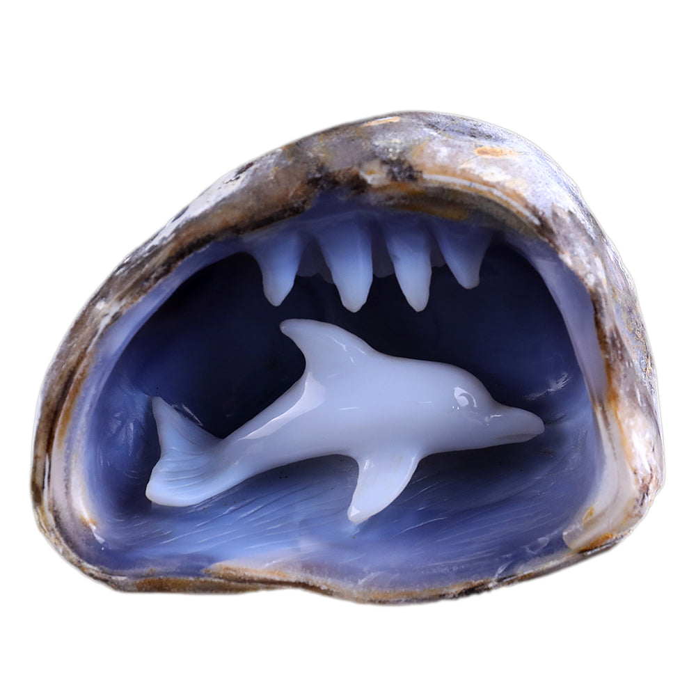 5.3" Blue Chalcedony Dolphin in Cave Carving Sculpture piece 3100260 hand carved natural gemstone sculpture by Nicedony