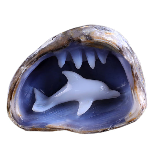 5.3" Blue Chalcedony Dolphin in Cave Carving Sculpture piece 3100260 hand carved natural gemstone sculpture by Nicedony