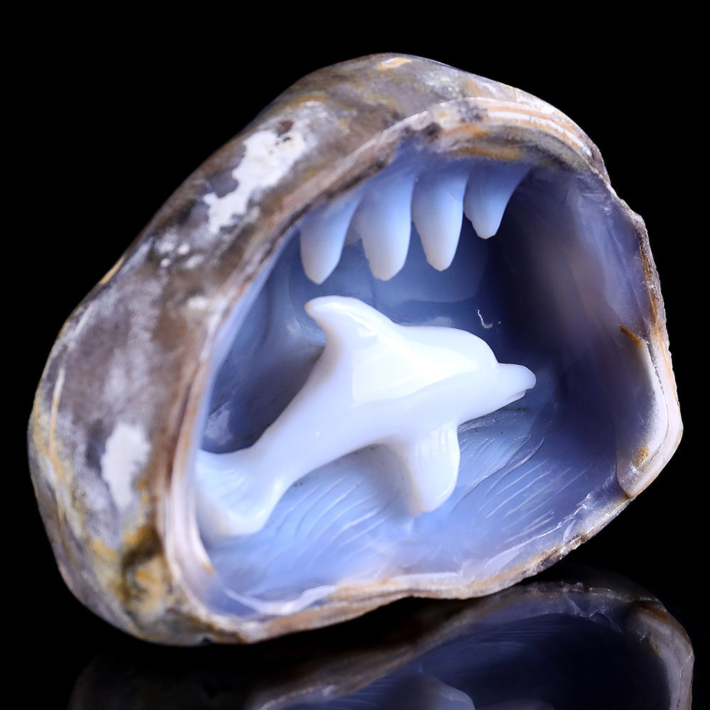 5.3" Blue Chalcedony Dolphin in Cave Carving Sculpture piece 3100260 view 2